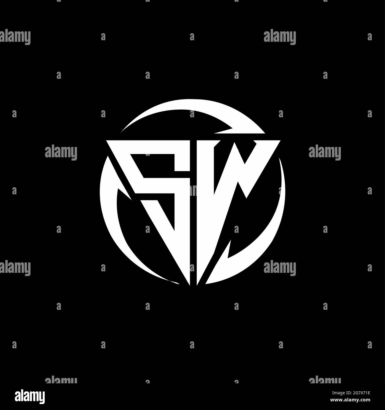 SW-Logo mit dreieckiger Form und kreisrunder Designvorlage isoliert auf schwarzem Hintergrund Stock Vektor