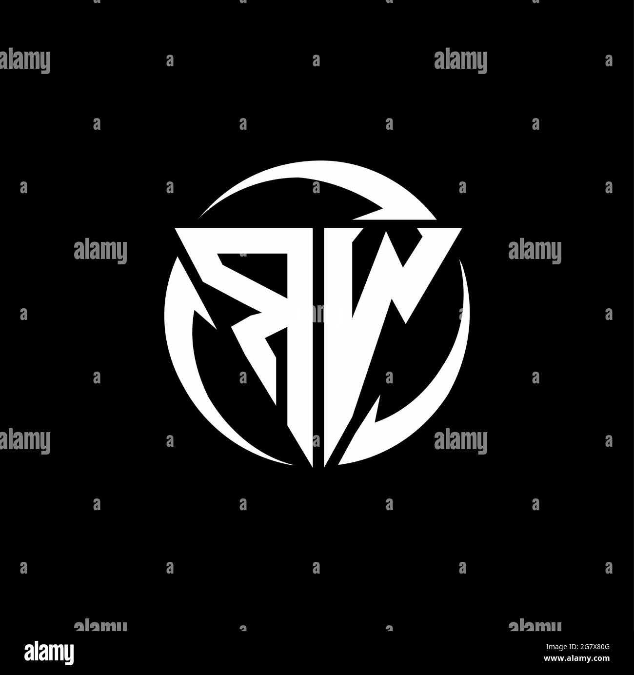 RW-Logo mit dreieckiger Form und runder kreisförmiger Designvorlage isoliert auf schwarzem Hintergrund Stock Vektor