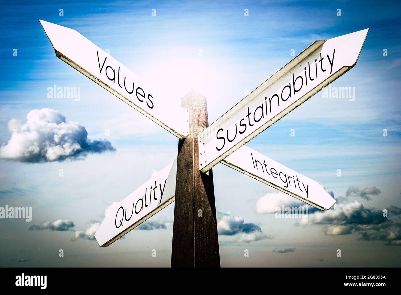 Werte, Nachhaltigkeit, Qualität, Integritätskonzept - Wegweiser mit vier Pfeilen Stockfoto