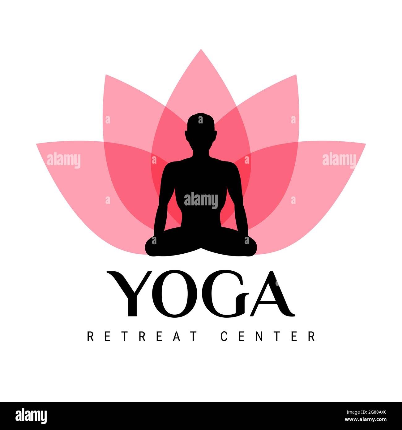 Emblem des Yoga-Rückzugszentrums. Lotusblume und Yogi sitzen in Lotusposition. Illustration. Stockfoto