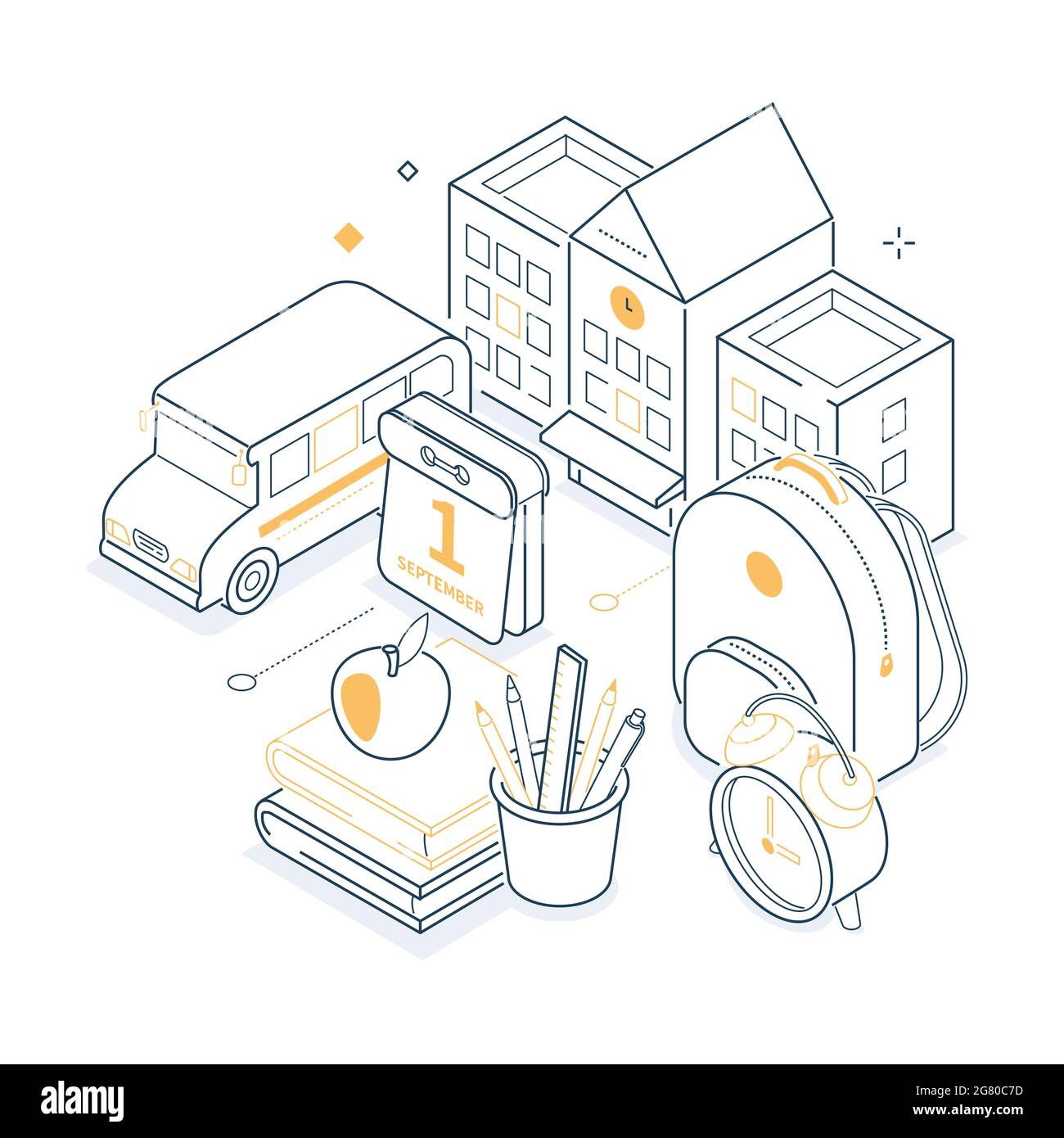Schultag Konzept - isometrische gelbe und schwarze Linie Illustration. Ideen studieren. Eine Komposition mit Rucksack, Kalender, Büchern, Wecker, Bus. Educ Stock Vektor