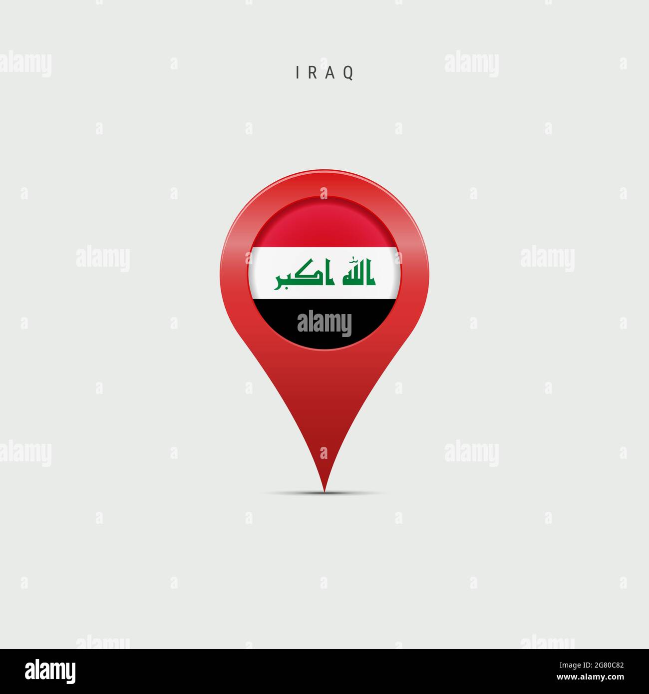 Teardrop-Kartenmarkierung mit Flagge des Irak. Irakische Flagge in die Ortskarte Pin eingefügt. Illustration isoliert auf hellgrauem Hintergrund. Stockfoto