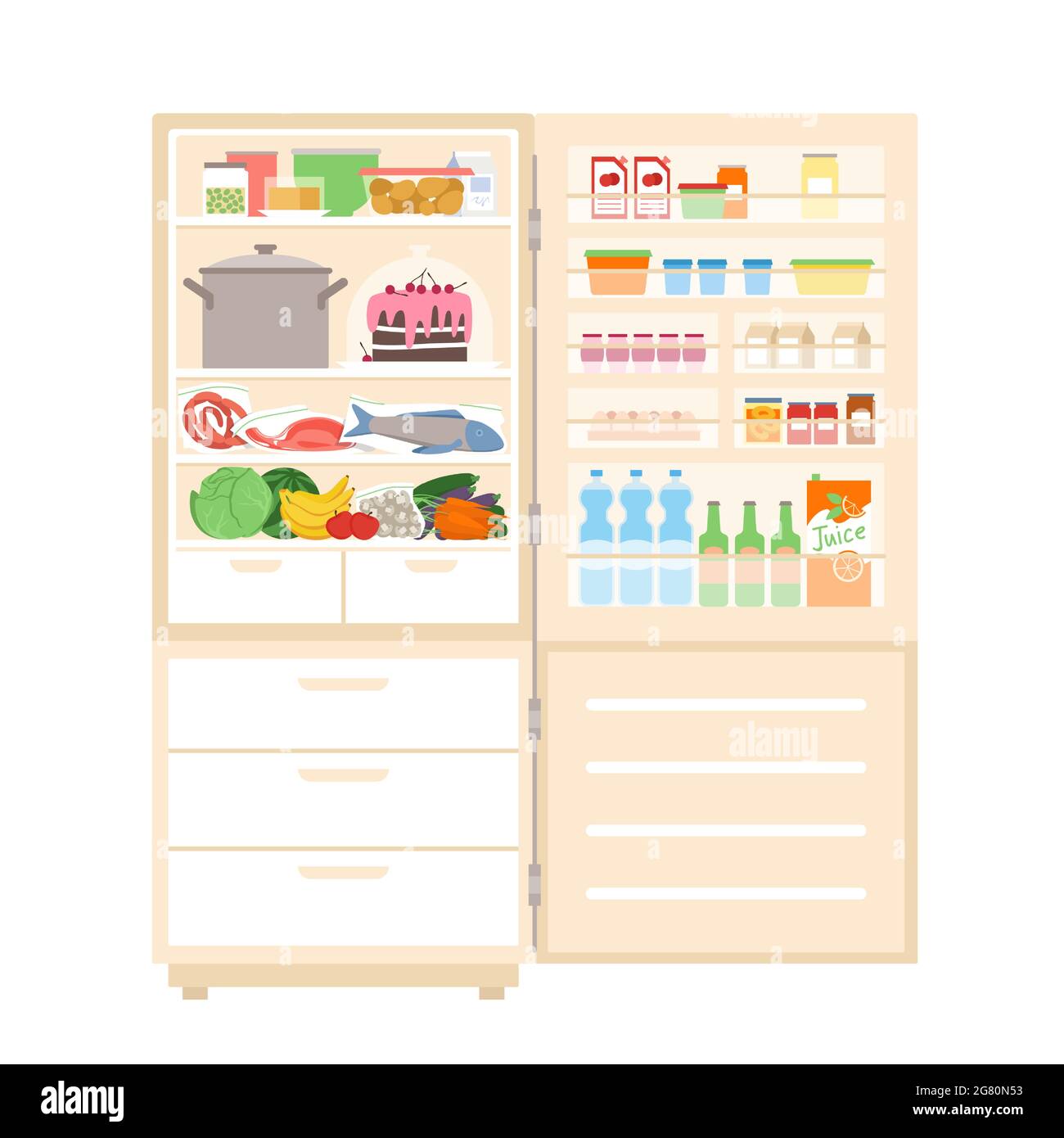 Kühlschrank Kühlschrank voll mit Lebensmitteln, mit offener Tür, innerhalb der Geräte für die Küche zu Hause Stock Vektor