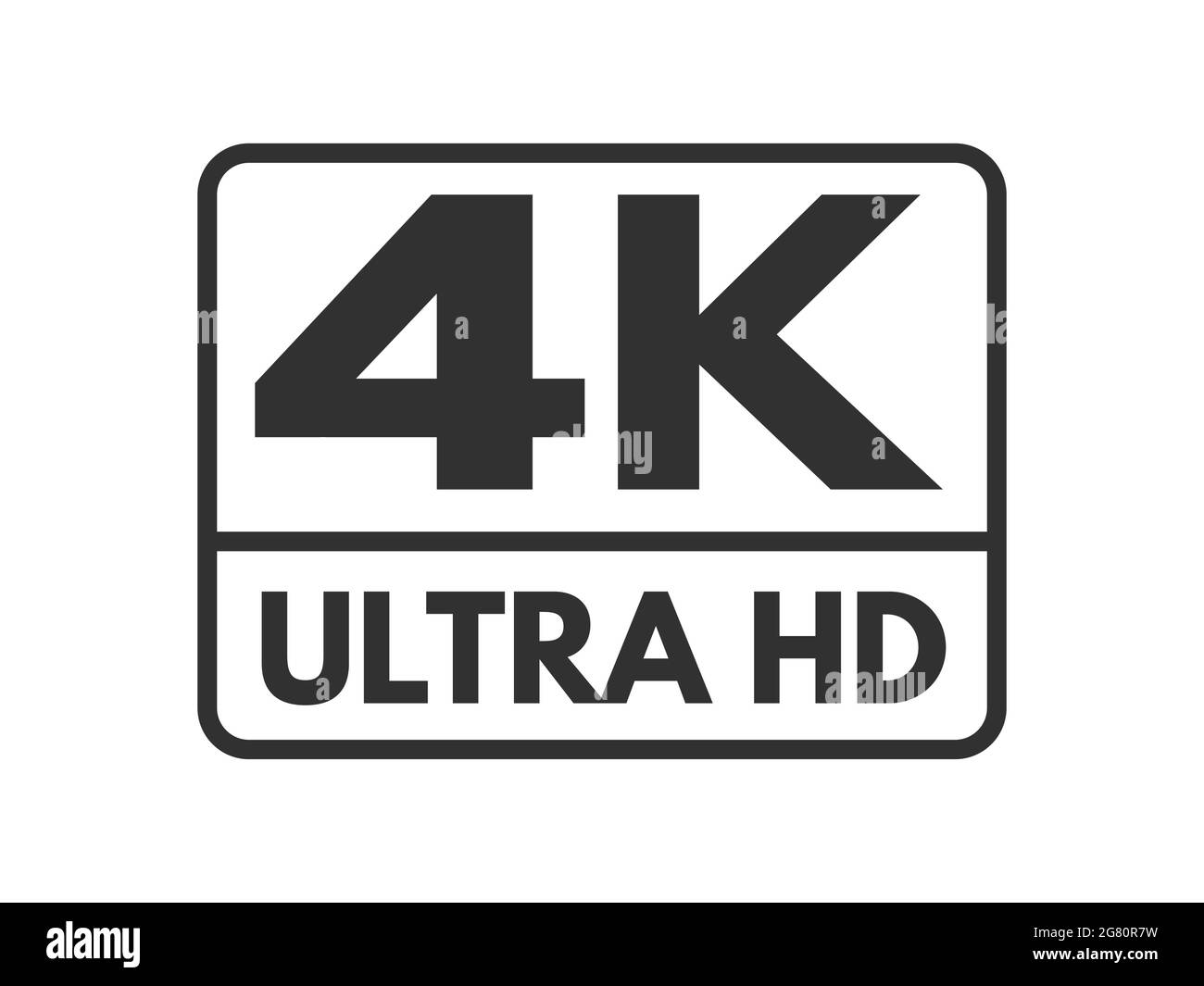 4K Ultra. HD-Beschriftungssymbol auf weißem Hintergrund. Schwarz-weißes UHD-Symbol. High Definition-Marke. Videosymbol mit 2160p-Auflösung isoliert. Vektor Stock Vektor