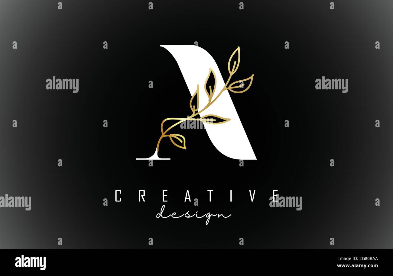 Weiß EIN Buchstabe Logo-Design mit goldenen Blättern Zweig Vektor-Illustration. Kreative und elegante Ikone mit Buchstabe A. Stock Vektor