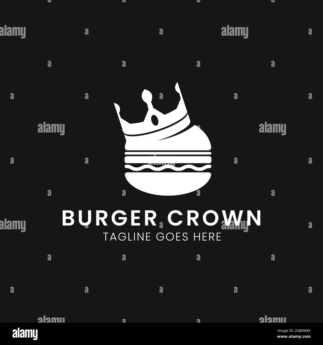 Burger mit Kronenlogo. Hamburger Restaurant-Design, flaches Design, Big Burger und Krone auf dunklem Hintergrund. Stock Vektor