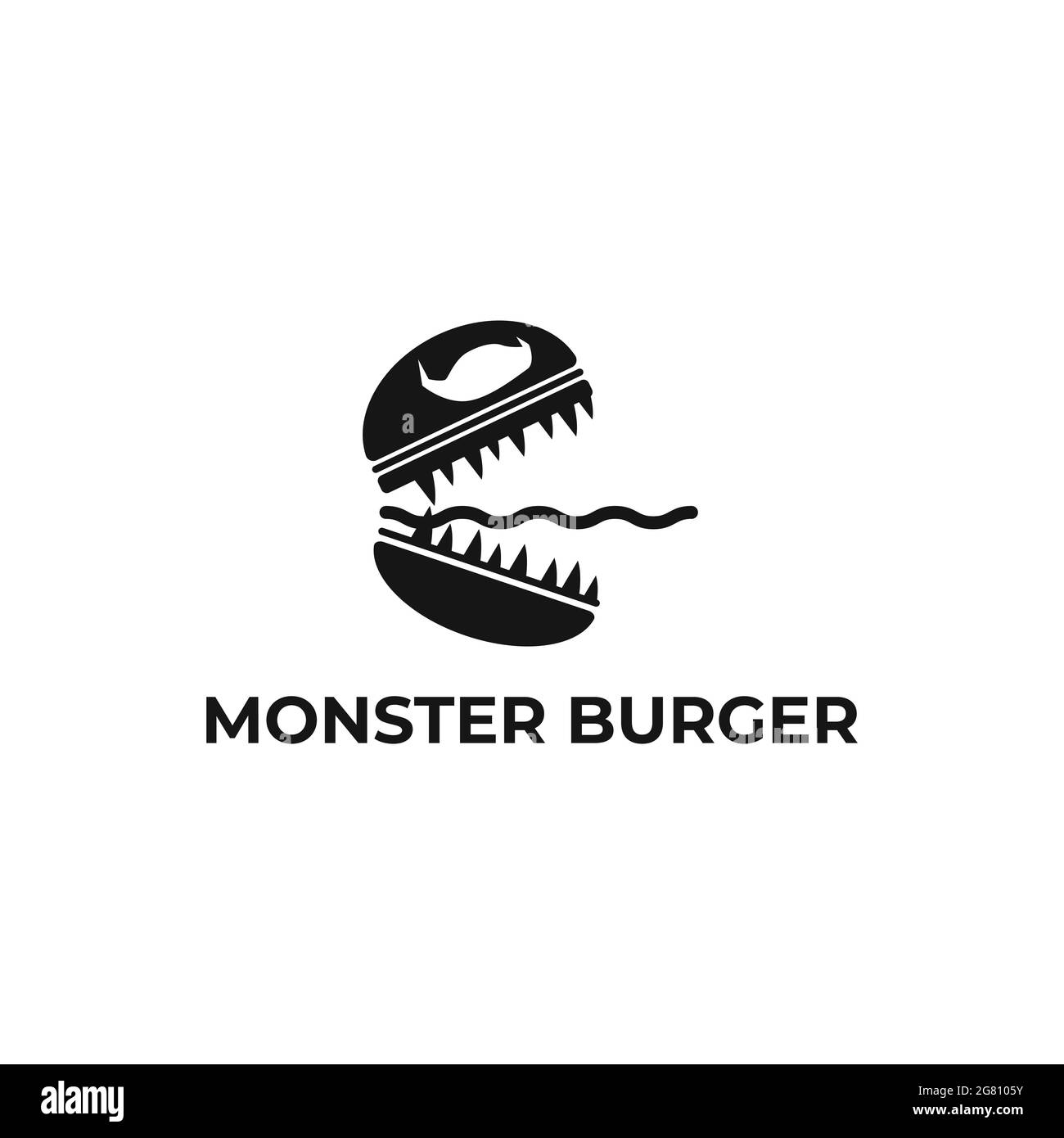 „Burger Monster“-Logo. Hamburger Restaurant-Design, flaches Design, großer Burger in Form eines Monsters auf weißem Hintergrund. Stock Vektor