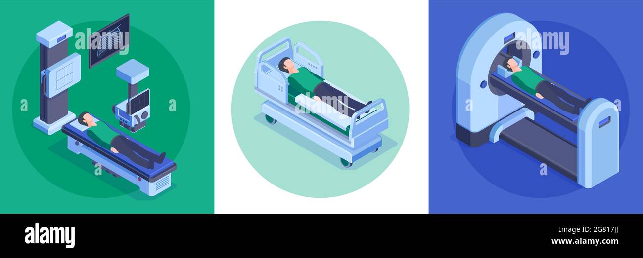 Hospital 3 isometrisches Hintergrundkonzept mit diagnostischem Ultraschall mri-Scanner Patientenbett Patienten Vektordarstellung Stock Vektor