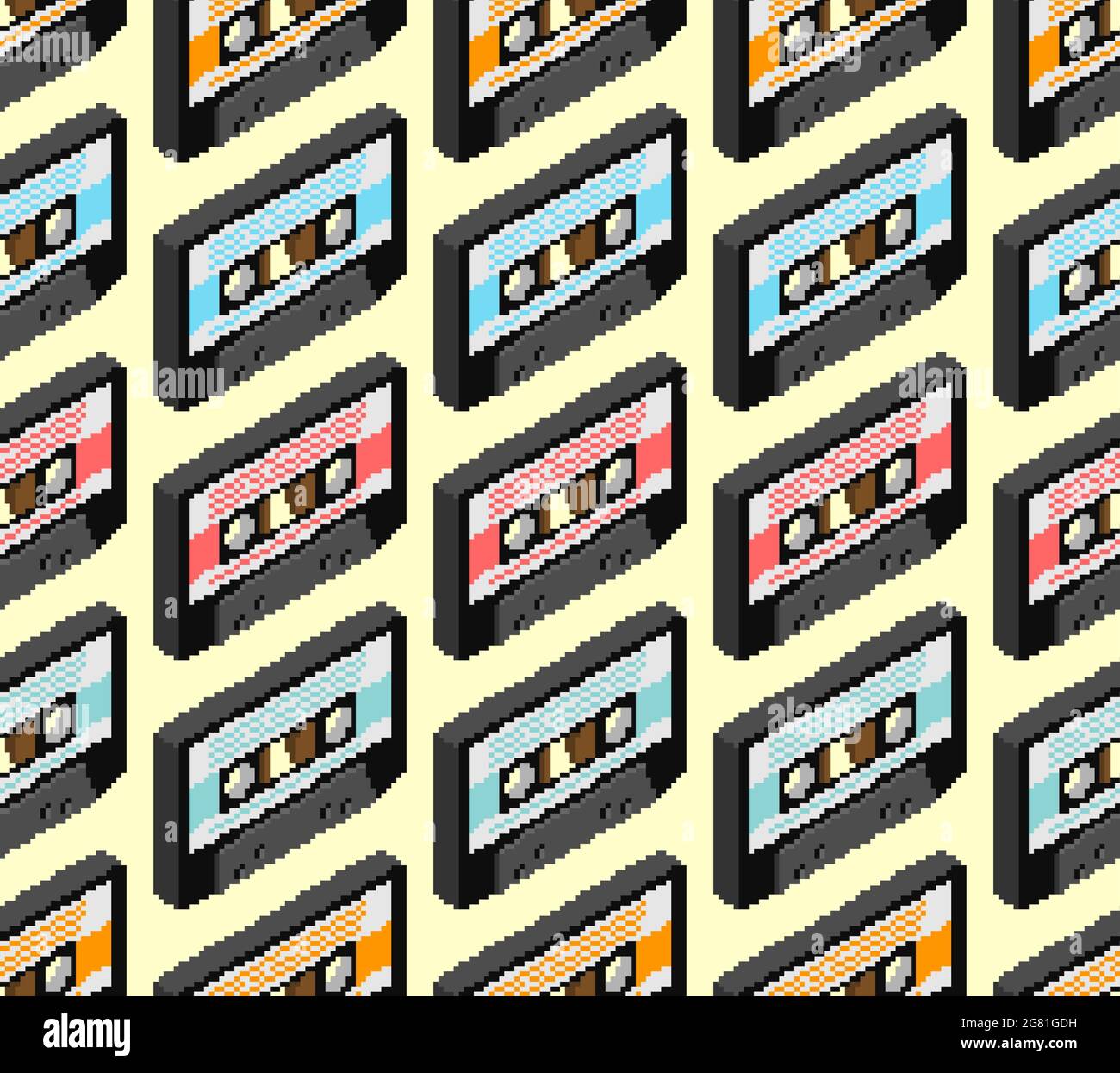 Pixelbild-Muster im Retro-Stil der Kassette. Boombox Kassette 8 Bit Hintergrund Stock Vektor
