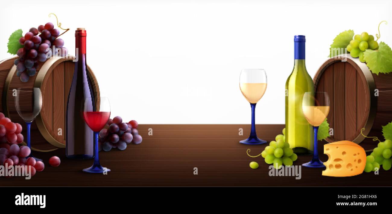 Fässer von Wein auf dem Tisch Zusammensetzung mit realistischen Bildern von Holzfässern Glasflaschen und Trauben Vektorgrafik Stock Vektor