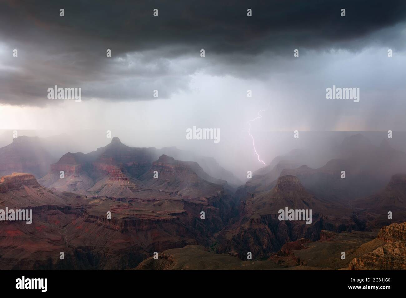Blitze treffen die Wände des Canyons, wenn der Regen eines Monsunsturms über den Grand Canyon National Park, Arizona, zieht Stockfoto