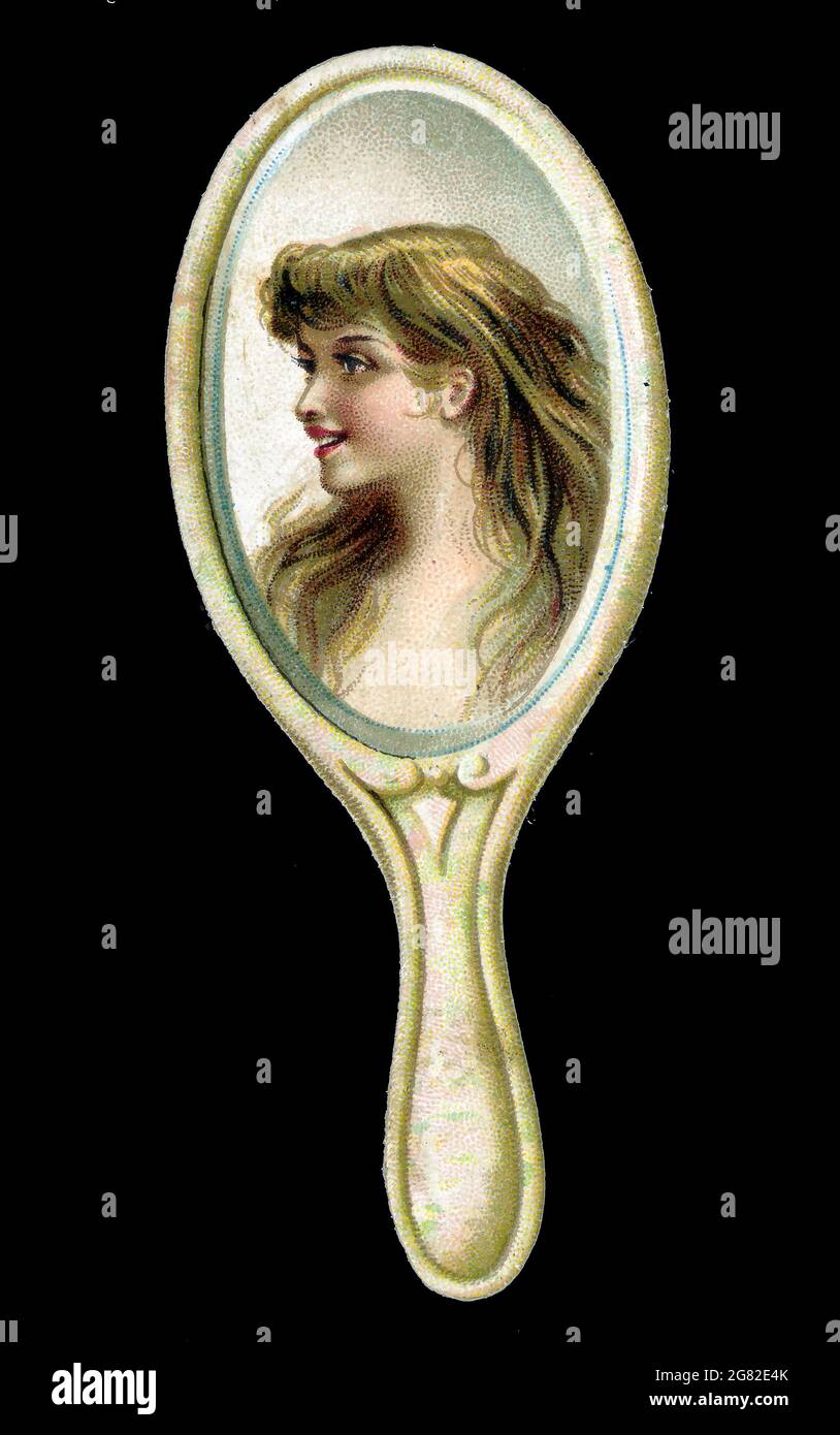 Eine kleine, gestanzte Sammelkarte, die eine Frau in einem Spiegel darstellt, wurde im 19. Jahrhundert in Zigarettenpackungen von Kinney Bros. Eingesetzt. Stockfoto