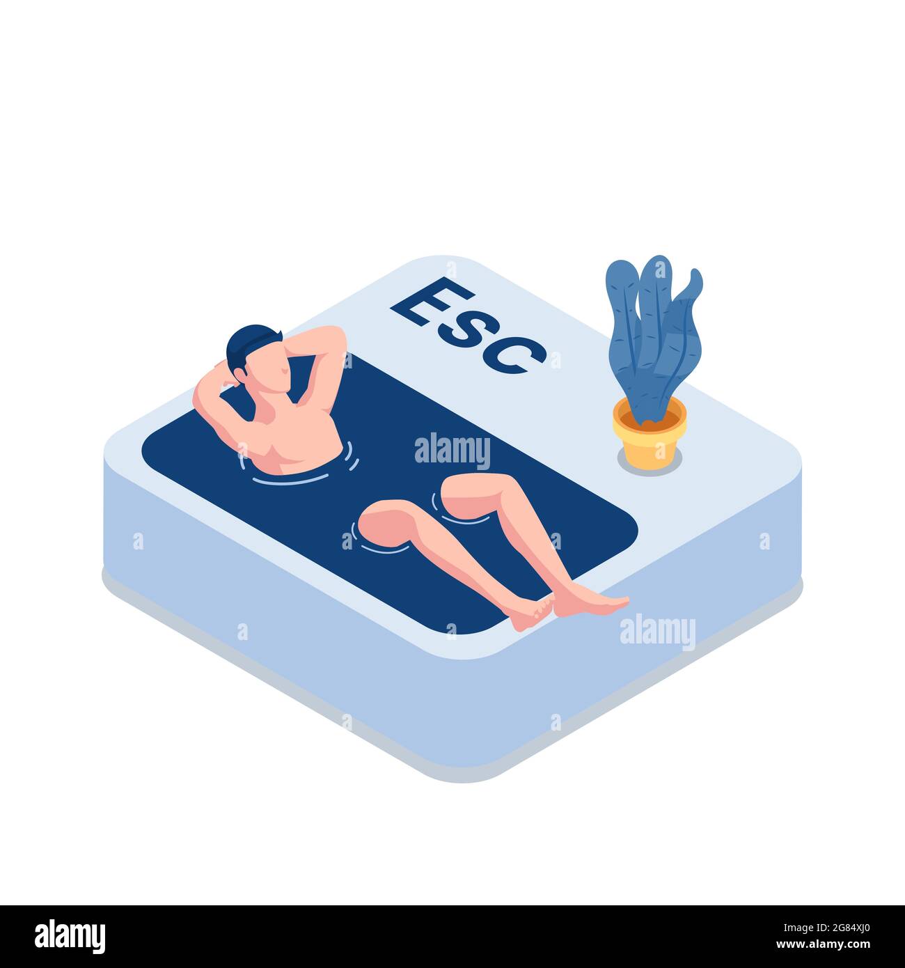 Flacher 3d Isometrischer Geschäftsmann, der sich im Esc Escape Button Pool entspannen kann. Konzept für Urlaub und Jahresurlaub. Stock Vektor