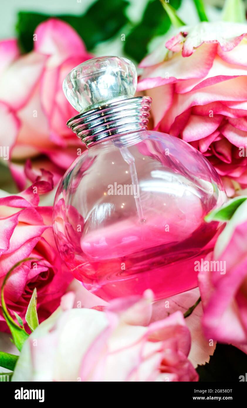 Eine Flasche Parfüm inmitten wunderschöner Blumen Stockfoto