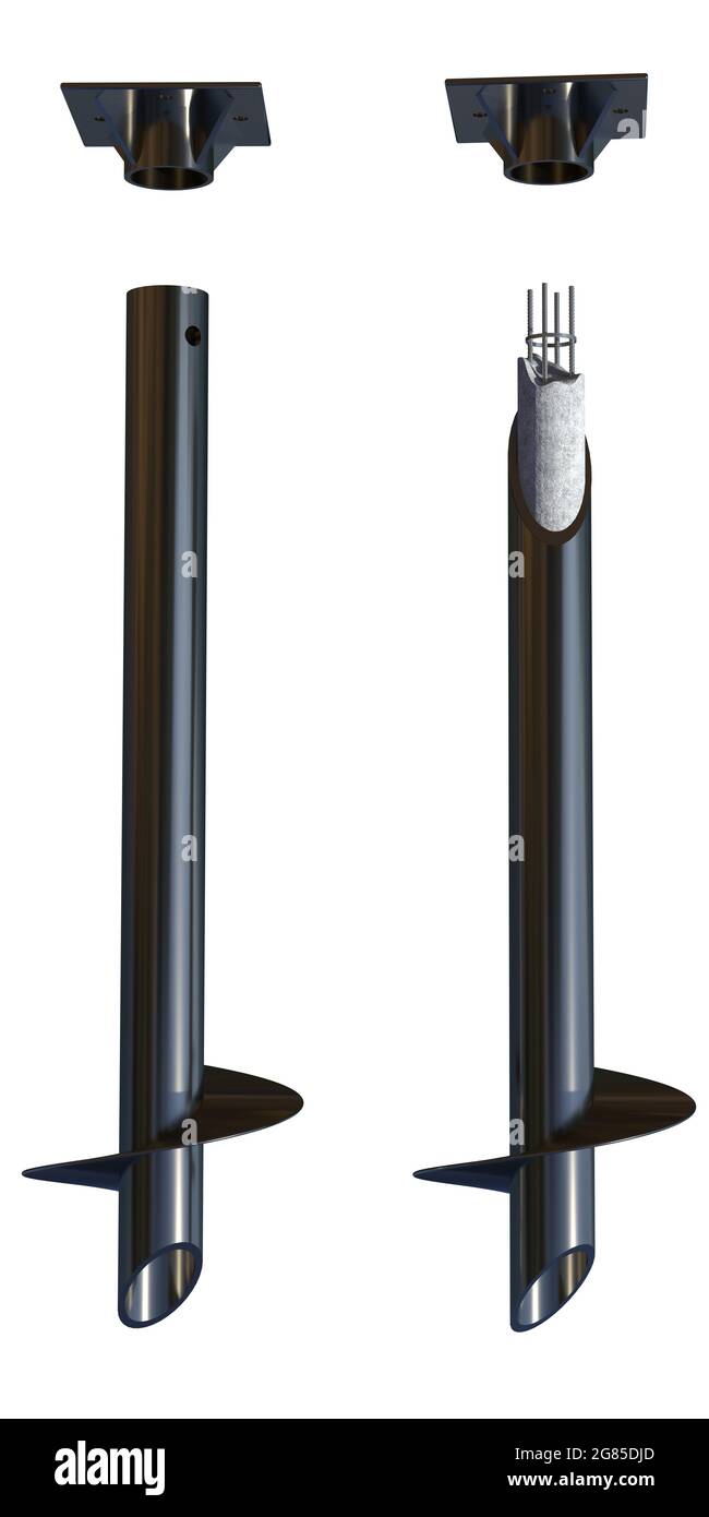 Schraubfundamente mit Spitzen - Stahlbeton, isoliertes digitales 3D-Rendering für die Industrie Stockfoto