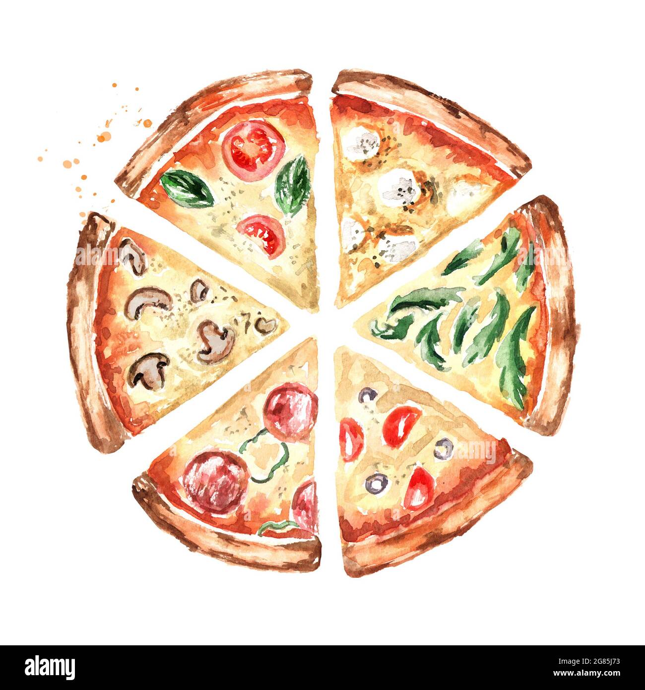 Pizzascheiben mit verschiedenen Belägen, Draufsicht. Aquarell handgezeichnete Illustration, isoliert auf weißem Hintergrund Stockfoto