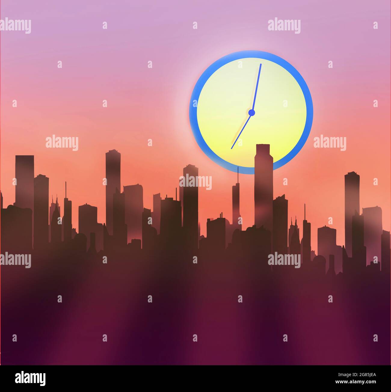 Konzeptbild einer Uhr, die über der Skyline einer Geschäftsstadt aufsteigt und den Beginn des Arbeitstages darstellt Stockfoto