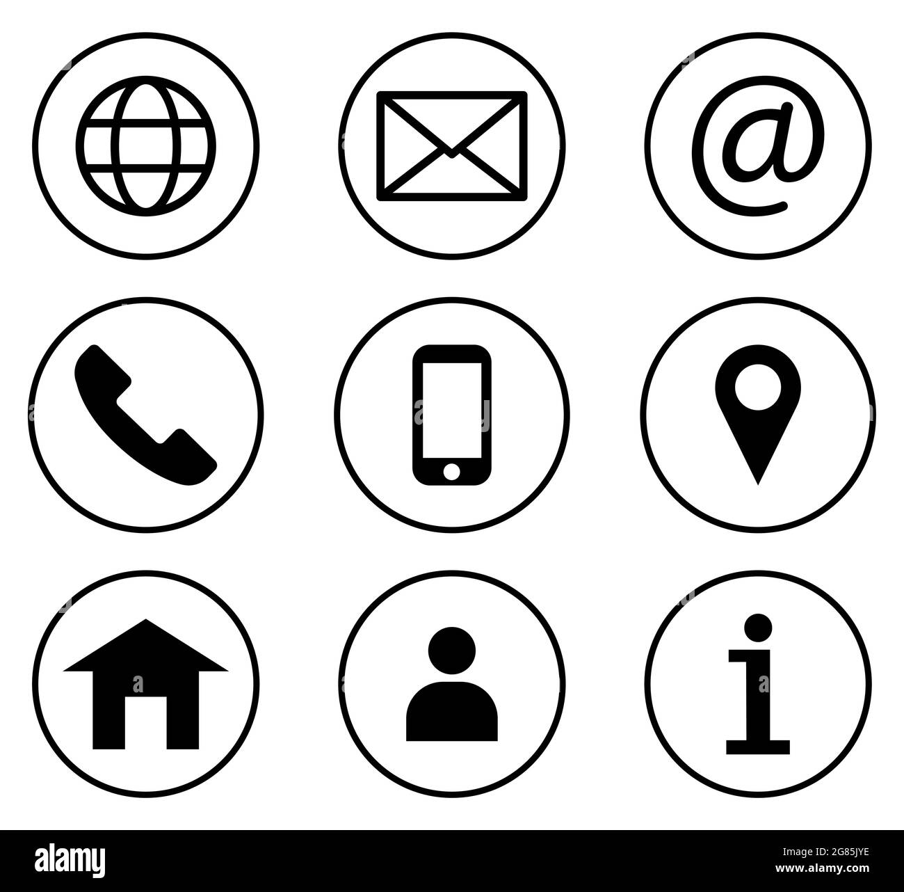 Kontaktieren Sie uns Icon Set. Linienkunst. Telefon, Name, Website, Adresse, Standort und E-Mail-Logo-Symbol-Paket. Vektor-Websymbol Stock Vektor