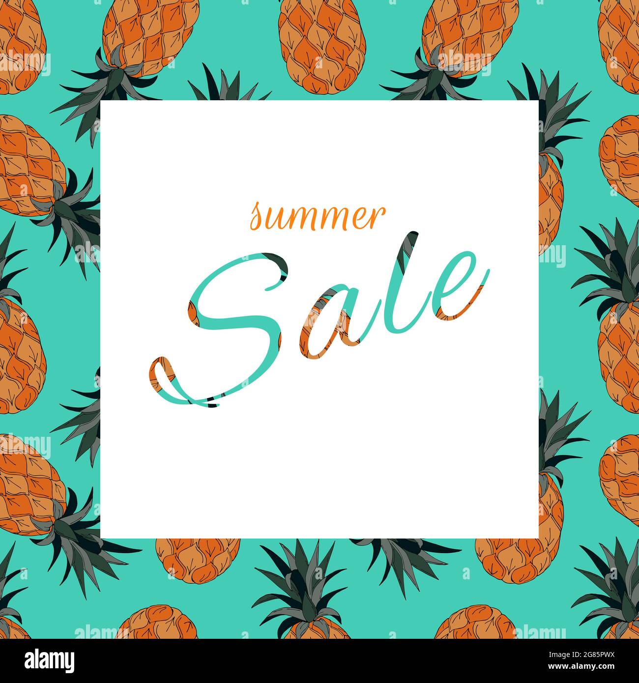 Sommer Sale Banner für Design. Ananas, Ananas, orange-blaue Farben. Vorlage. Vektorgrafik Stock Vektor