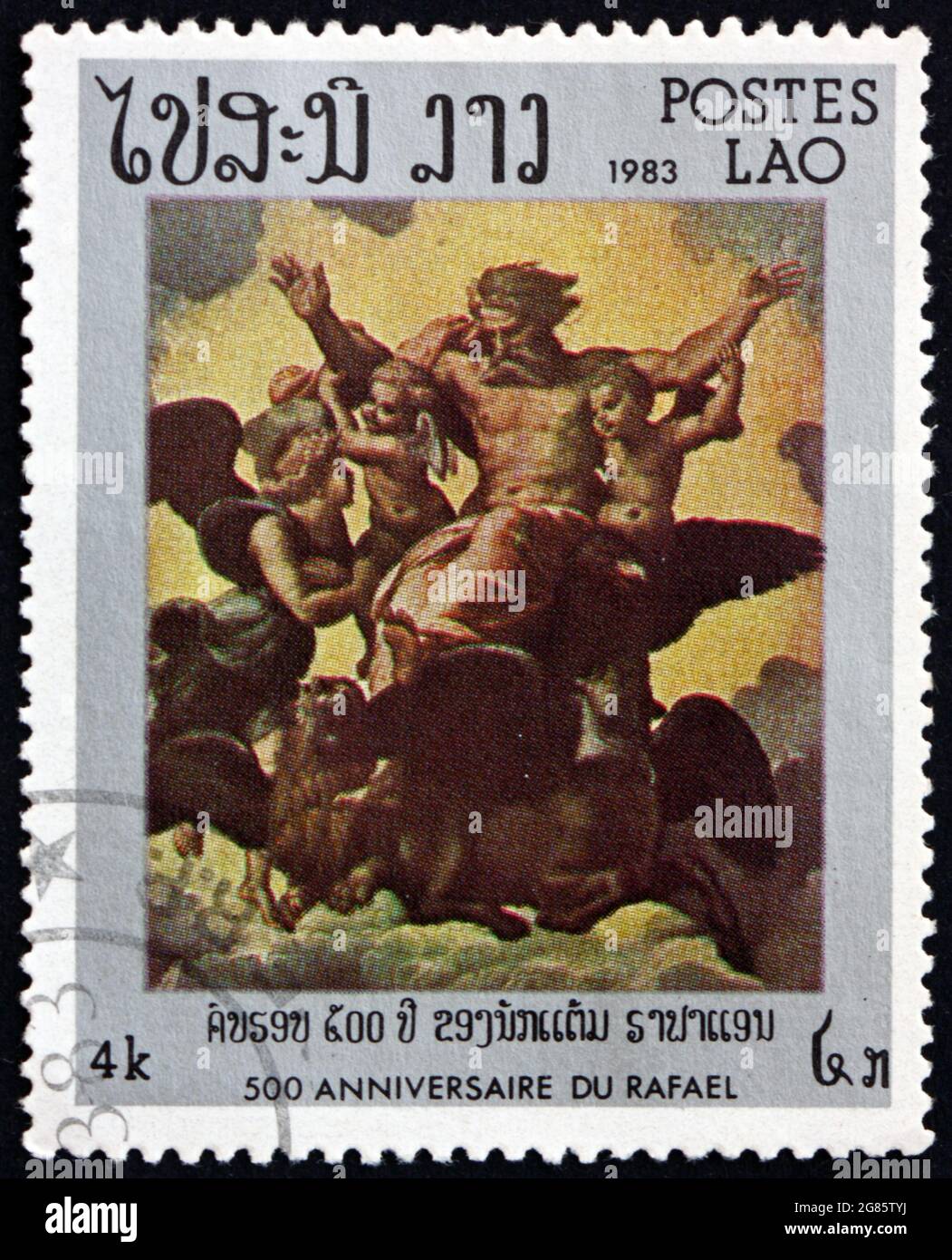 LAOS - UM 1983: Eine in Laos gedruckte Briefmarke zeigt die Vision von Hesekiel, Gemälde von Raphael, um 1983 Stockfoto