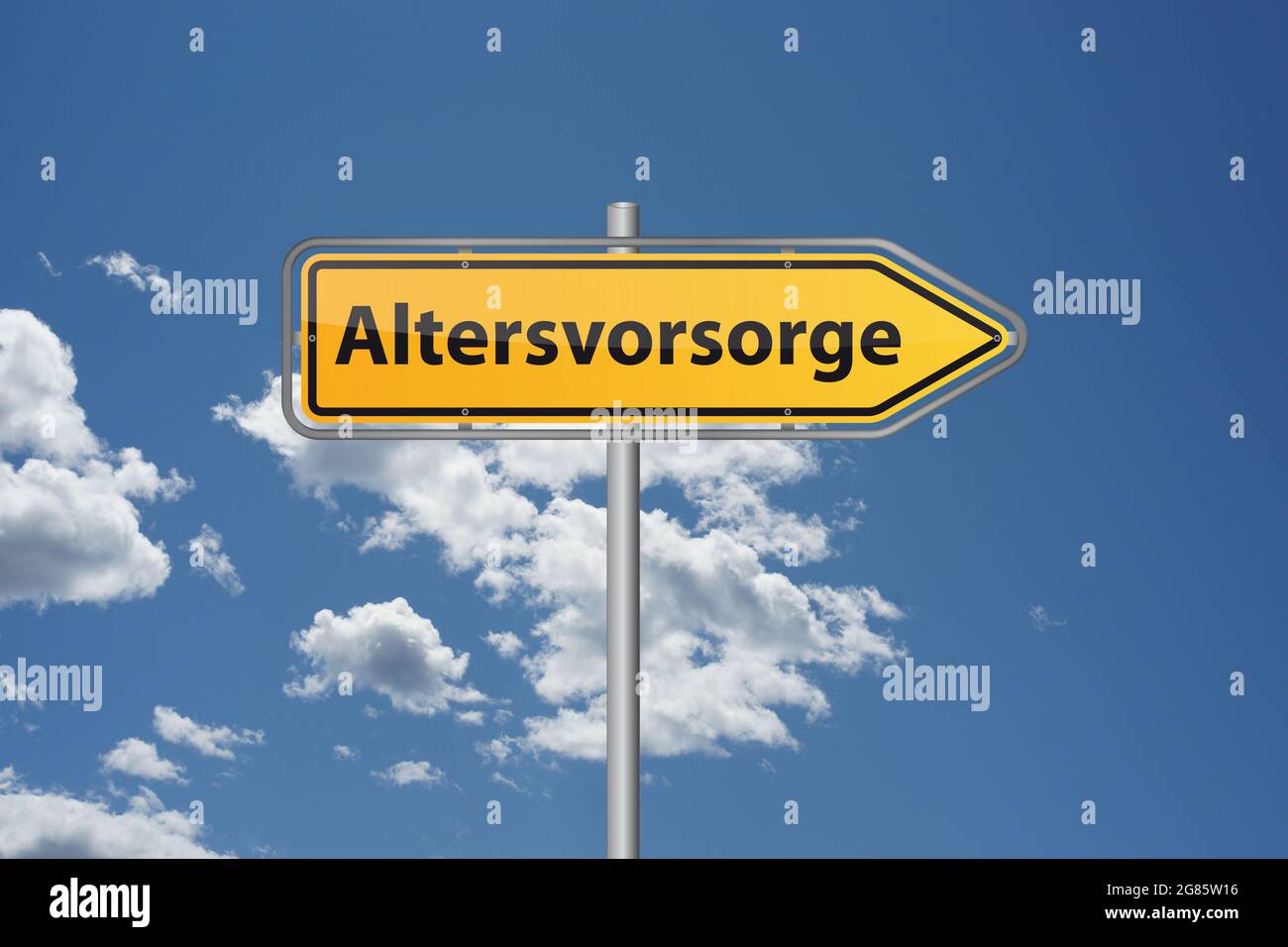 Gelber Pfeil mit deutschem Wort steht für Altersvorsorge Stockfoto