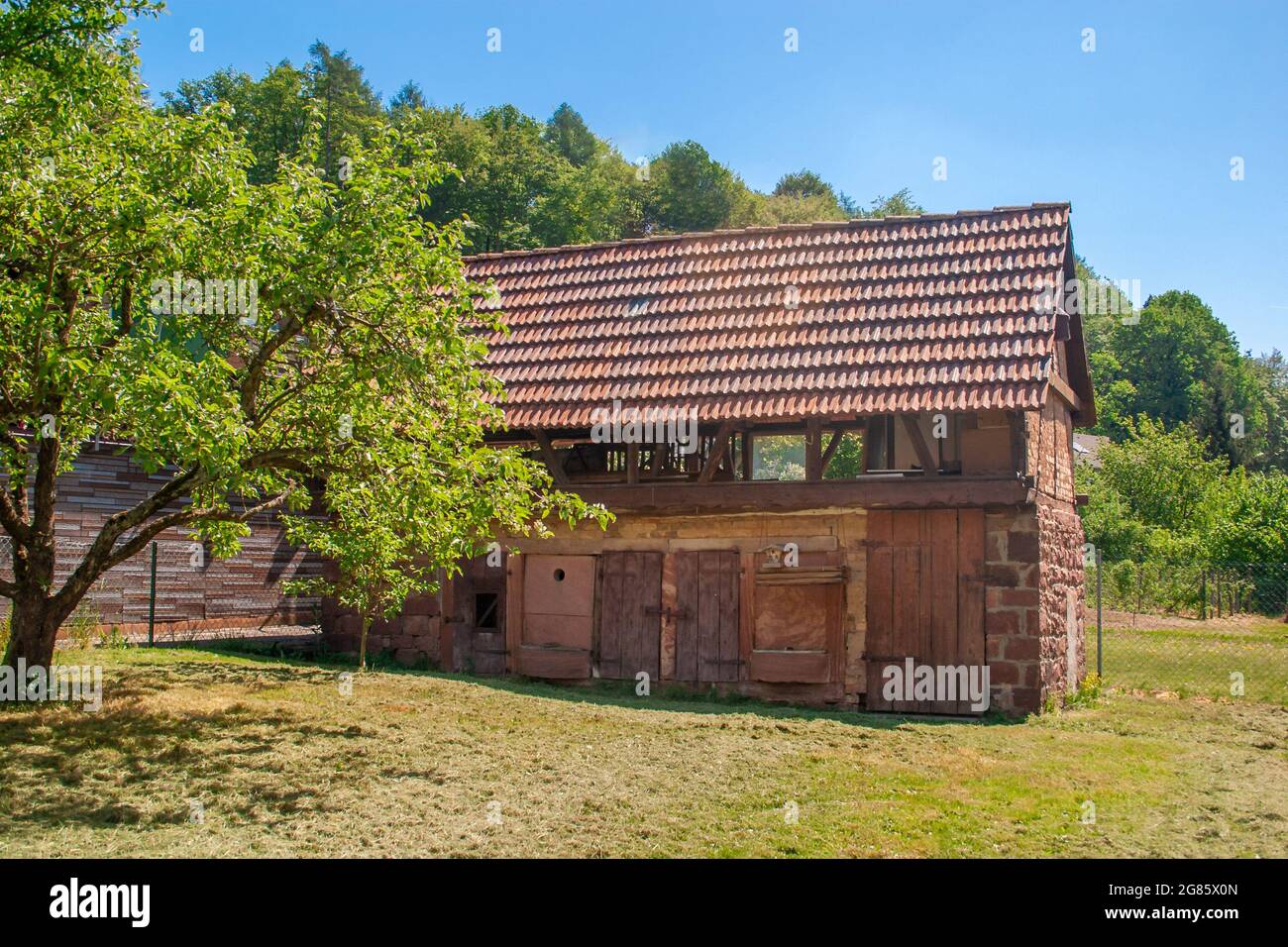 Altes landwirtschaftliches Gebäude auf einer Wiese am Waldrand in Süddeutschland Stockfoto