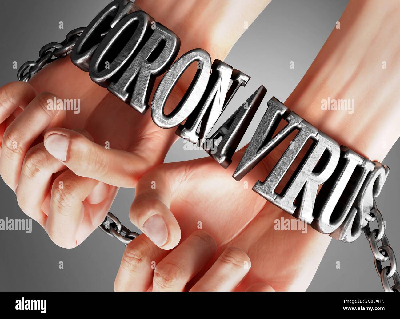 Coronavirus schränkt Leben und Freiheit ein und bringt Versklavung, Schmerz und Elend in das menschliche Leben - symbolisiert durch Ketten und Fesseln aus dem Metallwort C Stockfoto