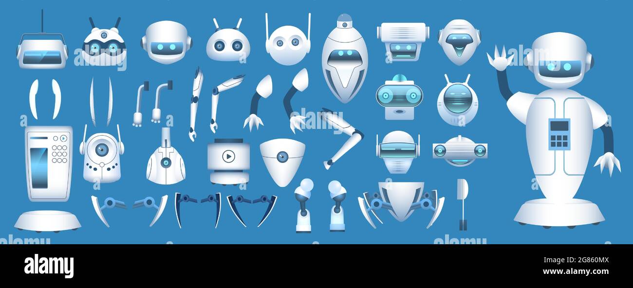 Roboter-Charakter-Konstruktor. Cartoon futuristische android Körperteile. Roboterarme, Beine und Köpfe für die Animation. Vektorset für Roboterelemente Stock Vektor