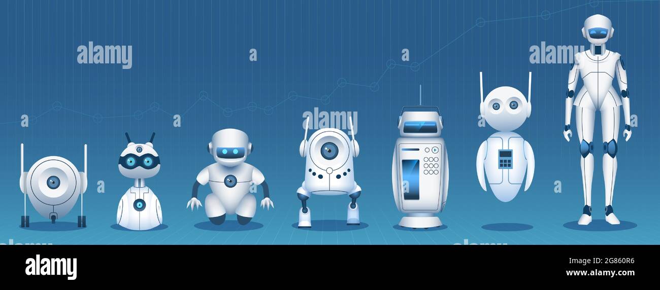 Roboterentwicklung. Zeitleiste für die Entwicklung von Technologien für künstliche Intelligenz vom einfachen bot bis zum humanoiden android. Vektorkonzept für technische Innovationen Stock Vektor