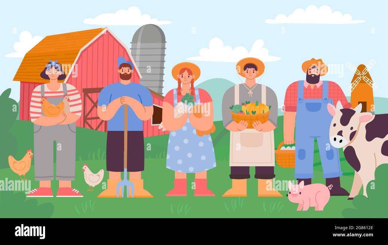 Das Team der Bauern. Cartoon landwirtschaftliche Mann und Frau mit frischem Produkt und Nutztiere. Ländliche Landschaft und Landwirtschaft Arbeiter Vektor-Konzept Stock Vektor