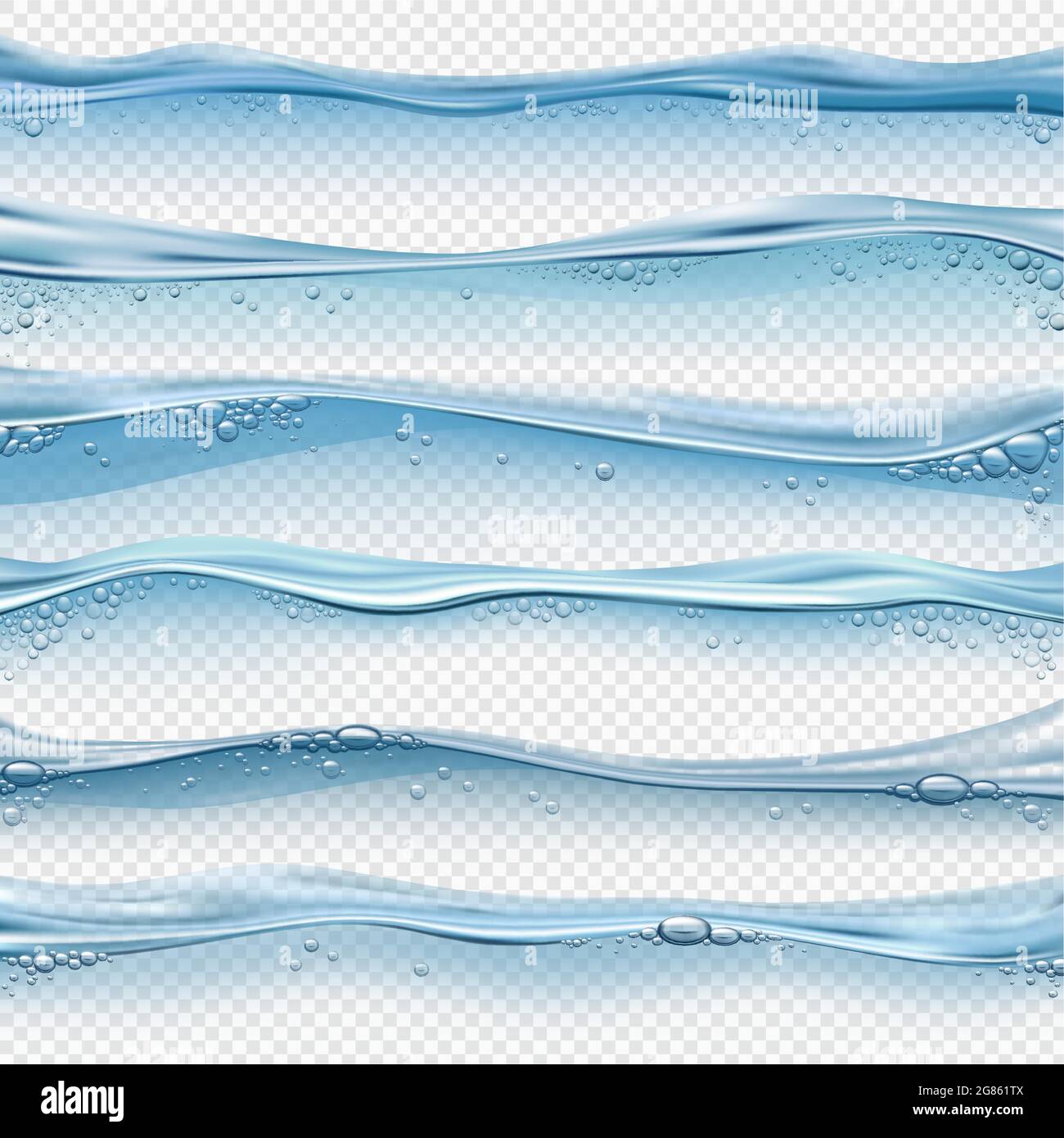 Realistische Wasserwellen. Wasser-, Ozean- oder Pooloberfläche mit Blasen und Spritzern. Wasserlinie und transparenter Unterwassereffekt-Vektor-Set Stock Vektor
