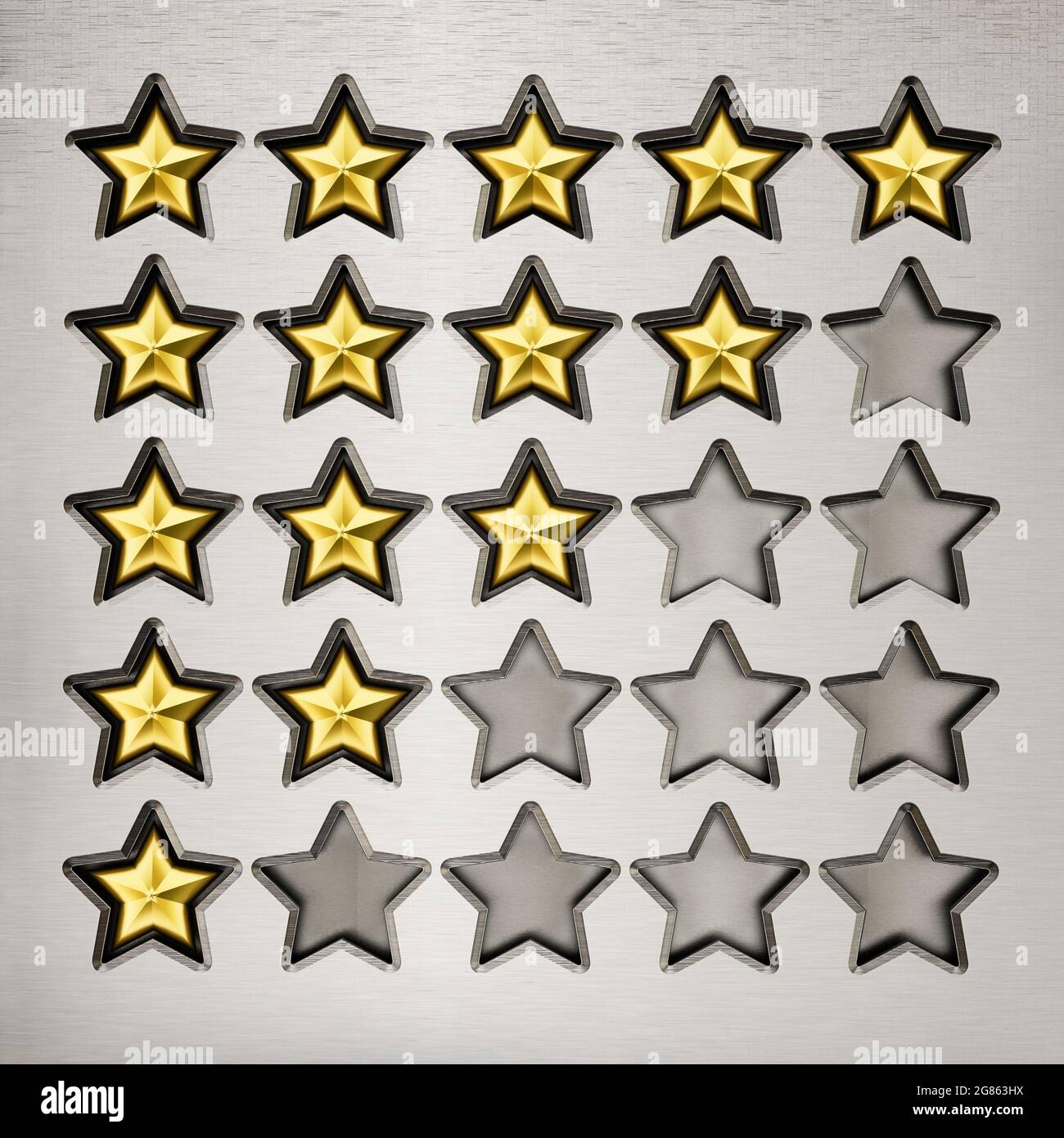 Bewertungssterne Tabelle mit 5,4,3,2,1 Sternen. 3D-Illustration. Stockfoto
