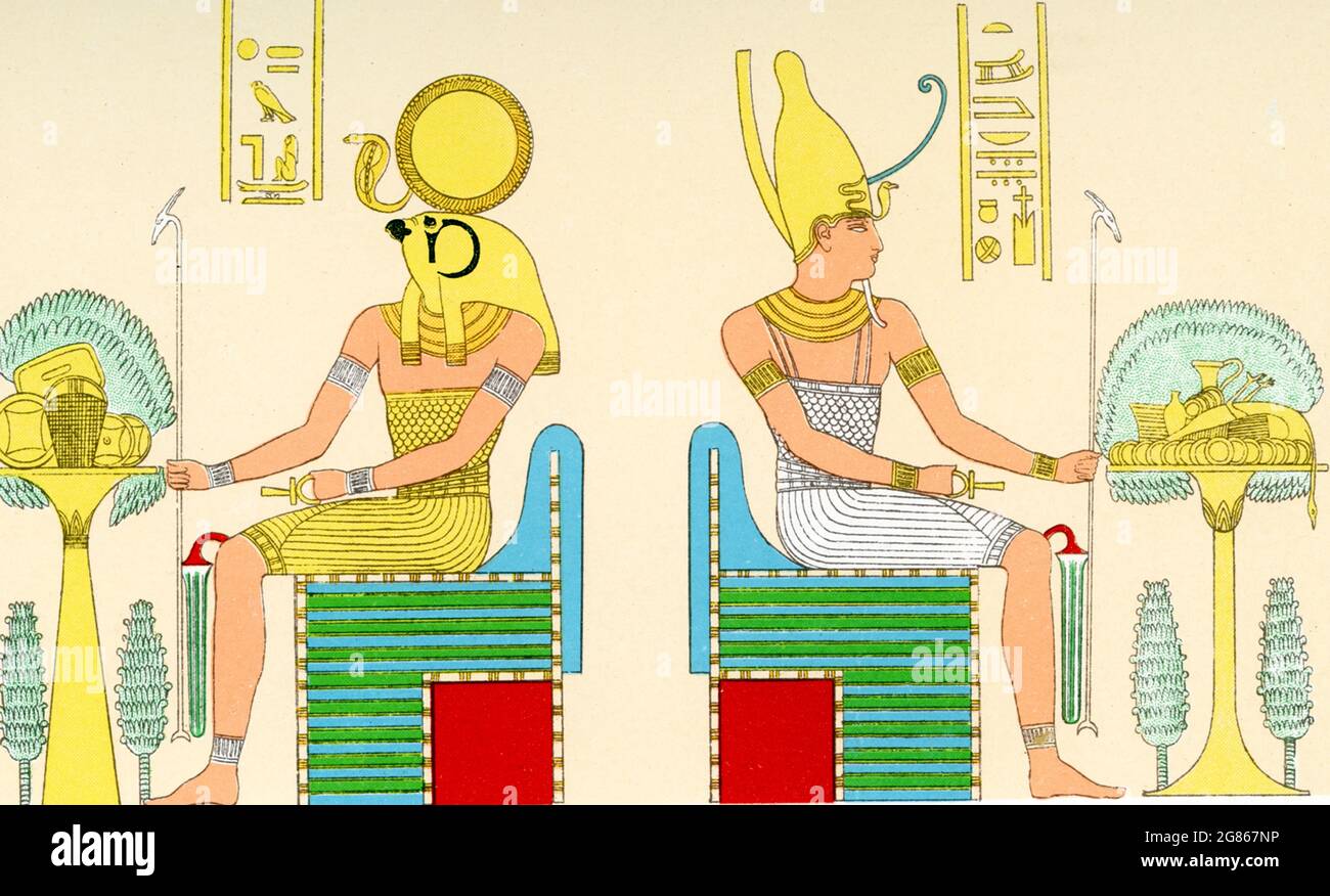 Die Bildunterschrift zu dieser Illustration von 1903 in Gaston Masperos Buch über Ägypten lautet: „Painted Tablet in Hall of Harps in Fifth Tomb of the Kings to the East Theben - Byban el Molouk.“ Byban (auch Biban) el Molouk ist ein enges Tal vonZentral-Ägypten in der Nähe der Stelle der alten Theben zwischen Karnak und Luxor. Das Tal enthält die Gräber zahlreicher Pharaonen der XVIII, XIX und XX Dynastien, einschließlich der von Tutanchamun. Das Gebiet ist bekannt als das Tal der Könige und das fünfte Grab ist KV5, gebaut, um die Söhne von Ramses II (19. Dynastie) zu beherbergen Stockfoto
