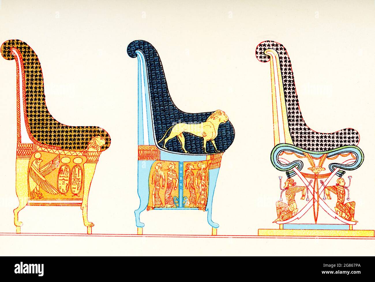 Die Bildunterschrift zu dieser Illustration aus dem Jahr 1903 in Gaston Masperos Buch über Ägypten lautet: „Gemälde von Stühlen im fünften Grab der Könige im Osten Thebes – Byban el Molouk“. Byban (auch Biban) el Molouk ist ein enges Tal von Zentral-Ägypten in der Nähe der Stelle der alten Theben zwischen Karnak und Luxor. Das Tal enthält die Gräber zahlreicher Pharaonen der XVIII, XIX und XX Dynastien, einschließlich der von Tutanchamun. Das Gebiet ist bekannt als das Tal der Könige und das fünfte Grab ist KV5, gebaut, um die Söhne von Ramses II. Zu beherbergen Stockfoto
