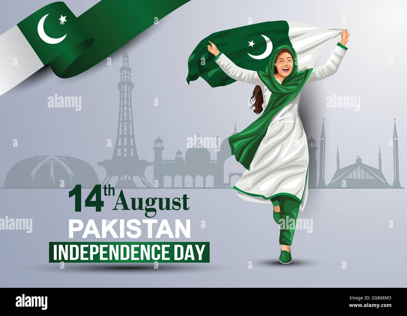 Happy Independence Day 15. August, Mädchen läuft mit pakistanischer Flagge. vektor-Illustration. Grußkarte Design Stock Vektor