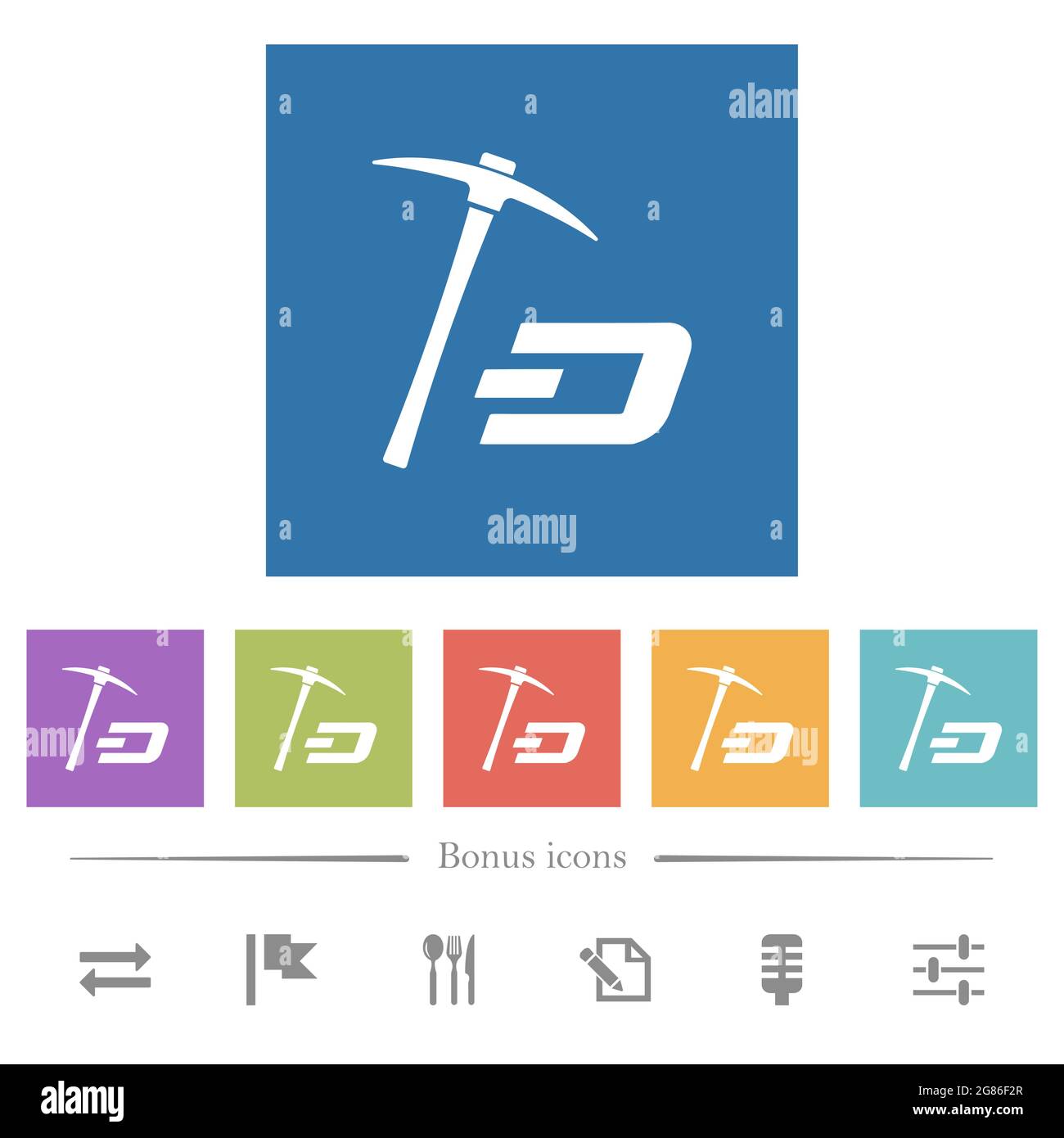 Dash Kryptowährung Mining mit Schatz flach weißen Symbolen in quadratischen Hintergründen. 6 Bonus-Symbole enthalten. Stock Vektor