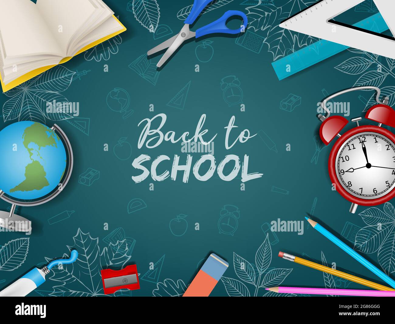 Plakat zur Schulzeit mit realistischen Vorräten und Kritzeleien auf Tafel-Hintergrund Stock Vektor