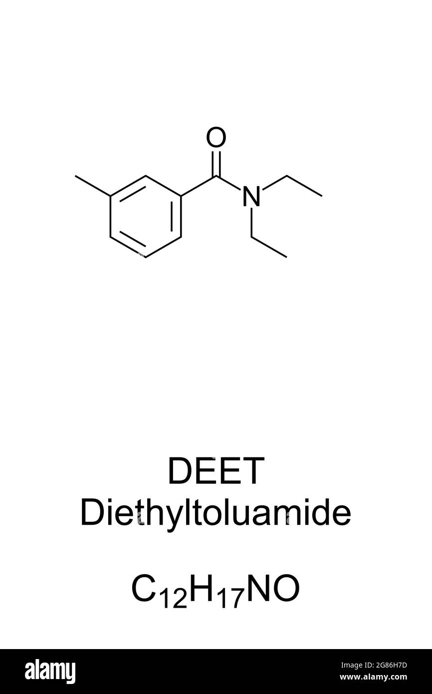 DEET, chemische Formel und Struktur. Diethyltoluamid, der häufigste Wirkstoff in Insektenschutzmitteln, schützt vor beißenden Insekten. Stockfoto