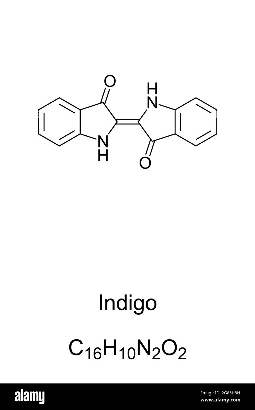 Indigo, chemische Formel und Struktur. Indigo-Farbstoff, eine organische Verbindung mit einer unverwechselbaren blauen Farbe. Die meisten heute produzierten Indigos sind synthetisch. Stockfoto