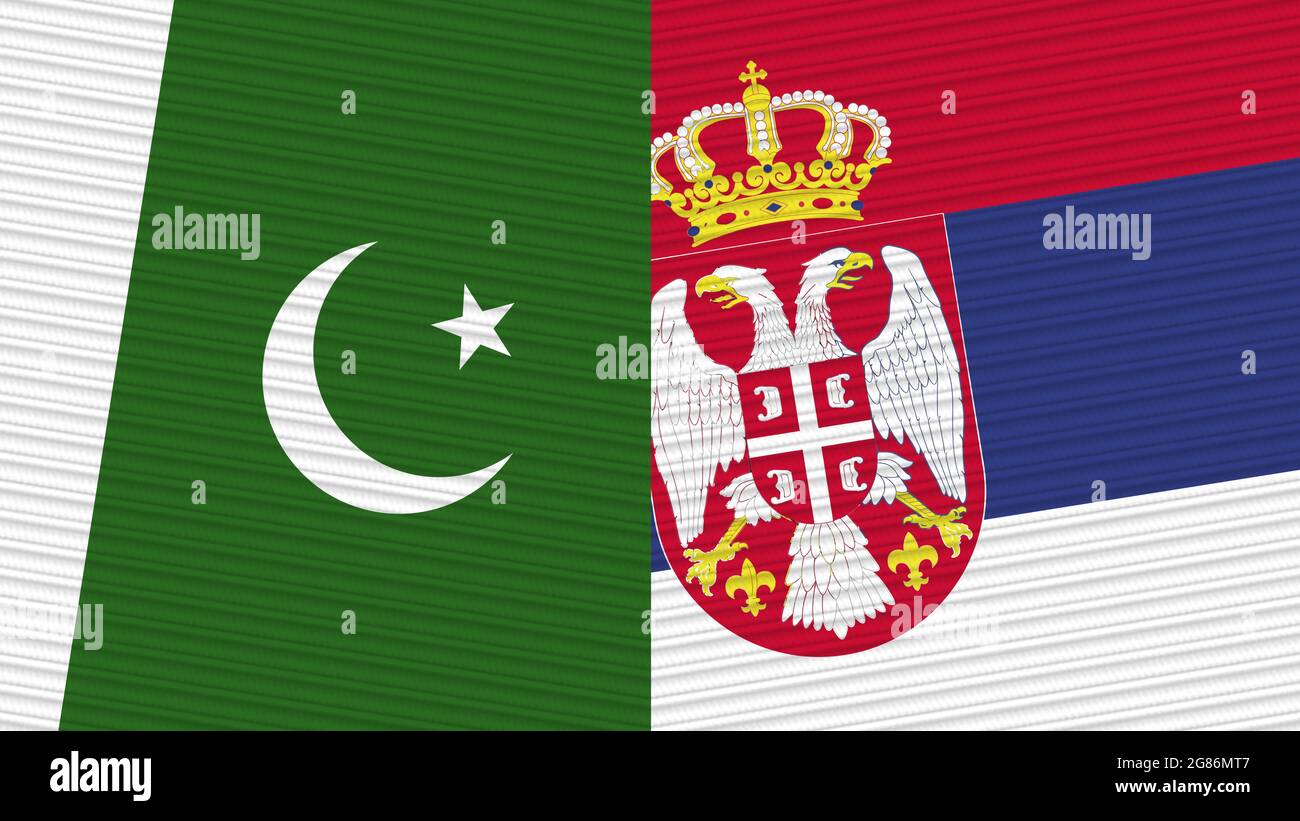 Serbien und Pakistan zwei Half Flags zusammen Stofftextur Illustration Stockfoto