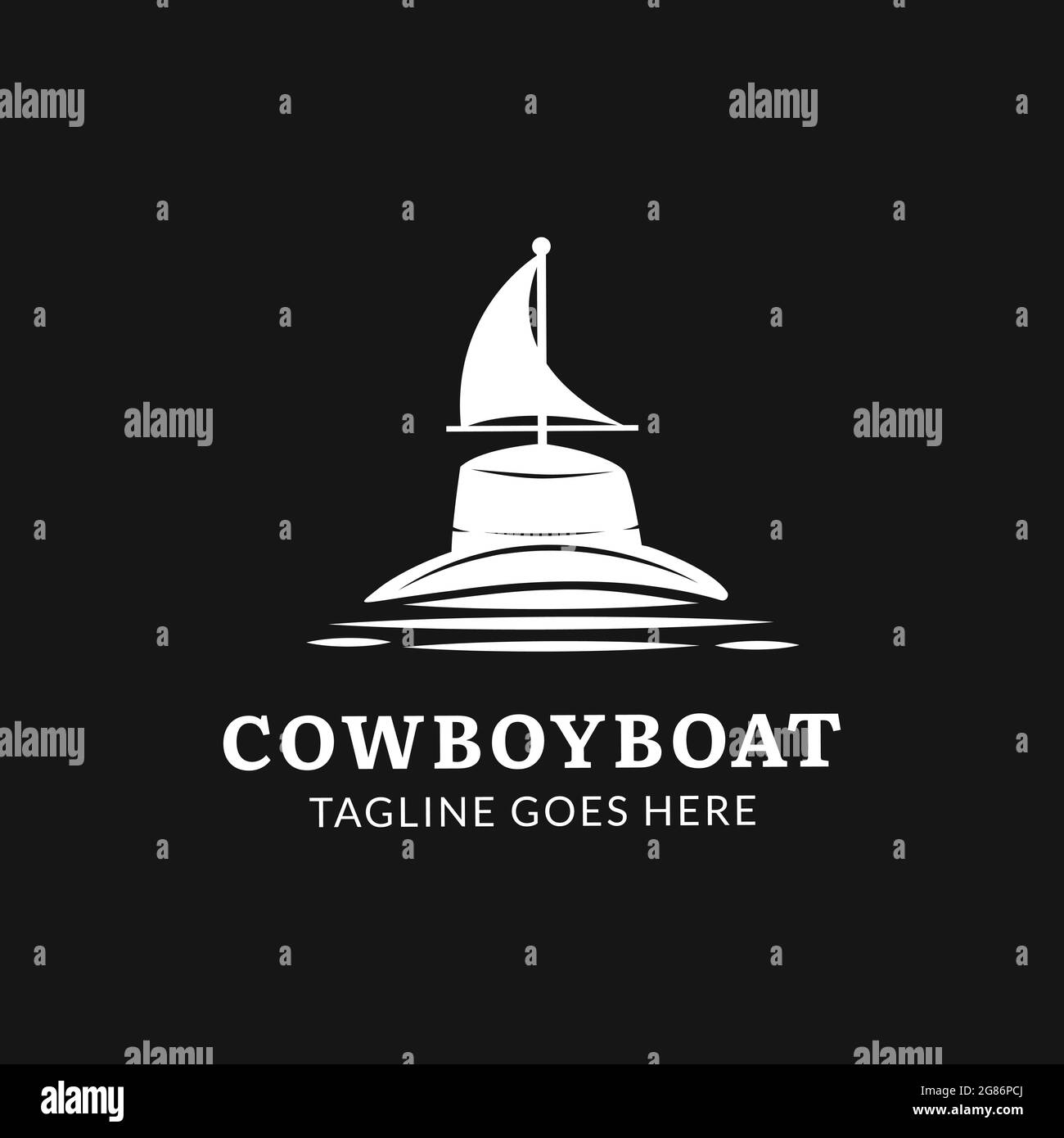 Minimalistisches Cowboy Hut Logo Design mit Boot Segeln auf dem Ozean, Cowboy Icon Illustration, Boot Icon Illustration, perfekt für verschiedene Firmen Logo p Stock Vektor