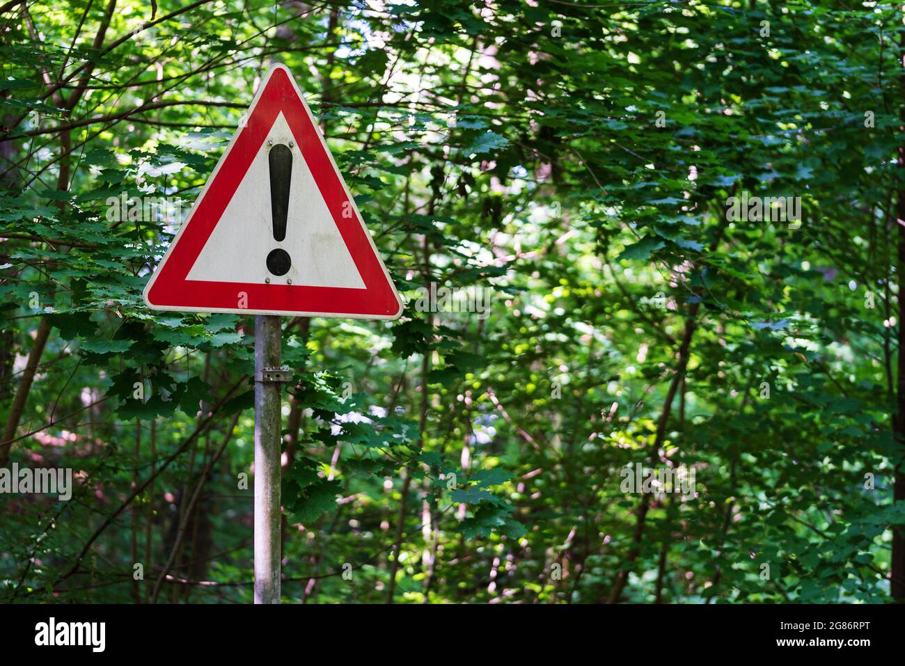Rot-weißes Warnschild mit Ausrufezeichen gegen grüne Bäume Stockfoto
