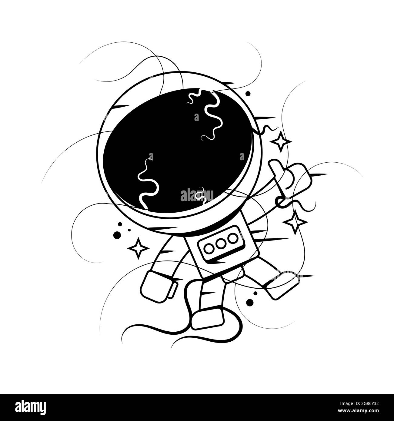 Grafischer Astronaut mit schwarzem Loch und Sternenwirbel in seinem Helm. Vektorgrafiken auf weißem Hintergrund isoliert. Vektor-Design oder Malvorlagen für adu Stock Vektor