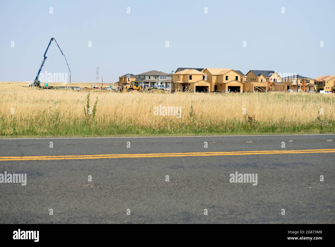Hausbau Baustelle; Wohnbau Entwicklung in Aurora, Colorado; Immobilien Wohn-Home-Markt. Stockfoto
