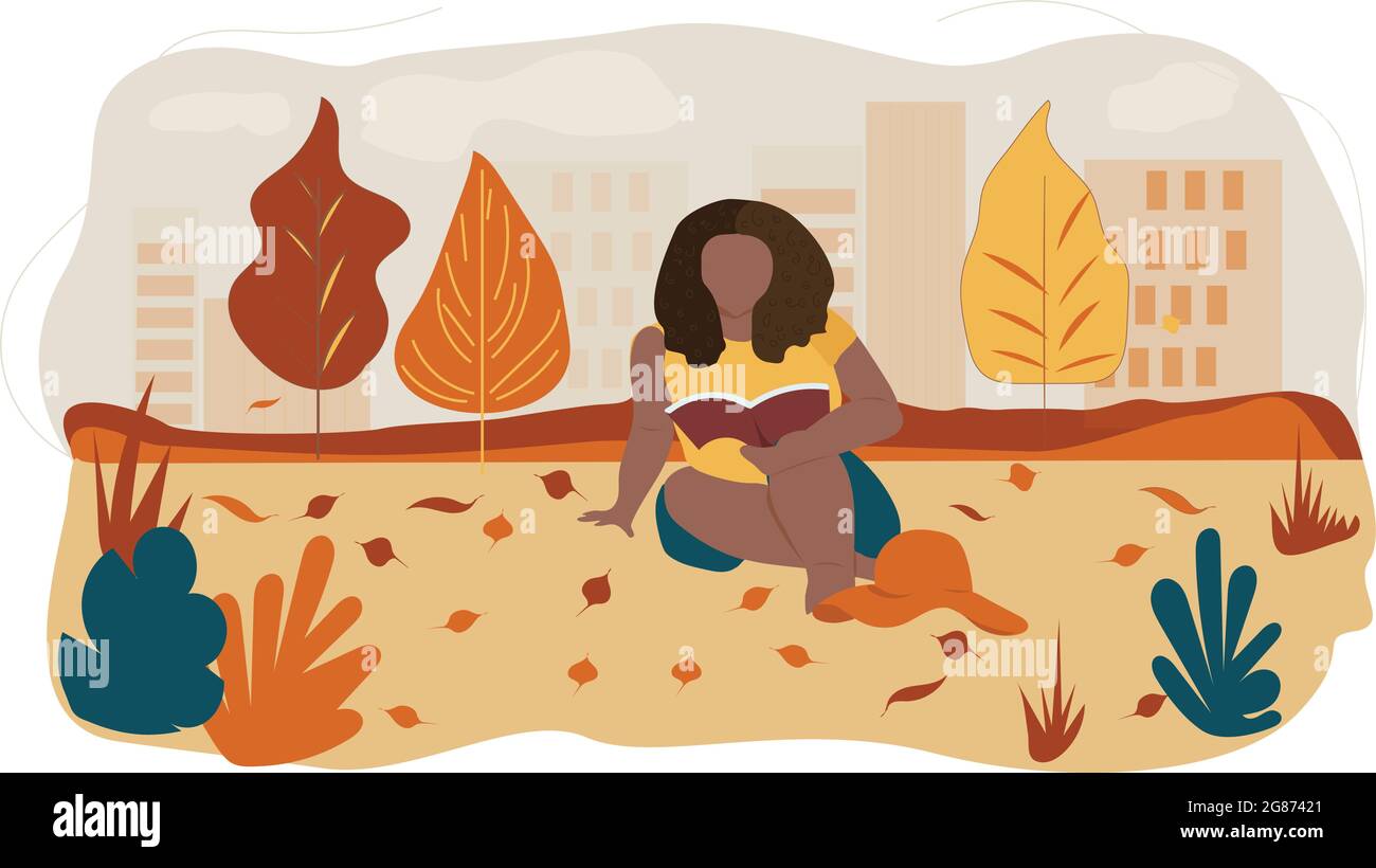 Schöne Frau mit Afro-Frisur, die im Herbstpark ein Buch liest. Stock Vektor