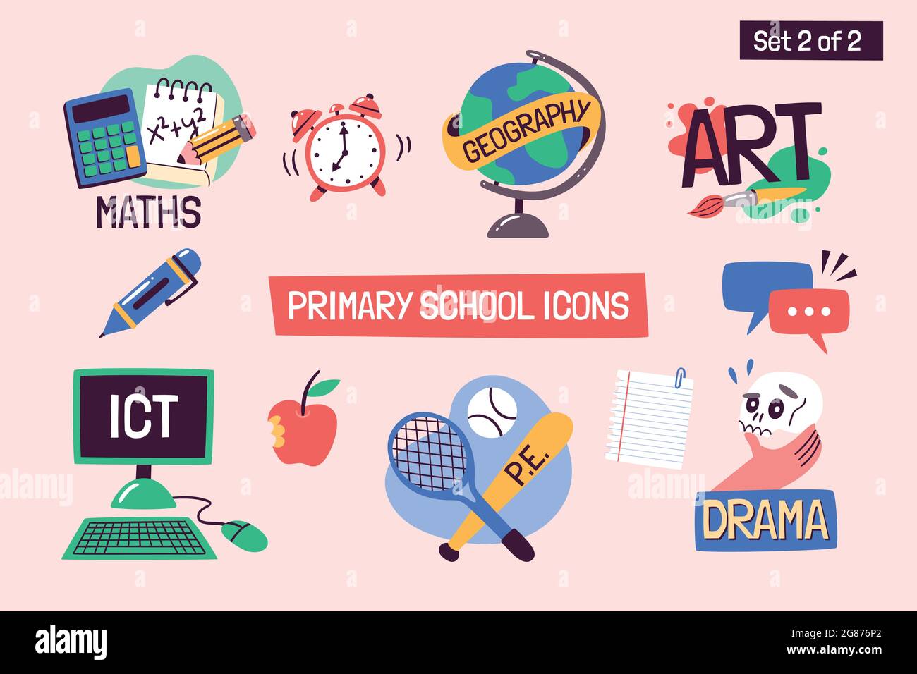 Schulfächer pädagogische Symbole. Handgezeichnete Vektoretiketten mit Grundschulfächern. Perfekt für Stundenpläne, Websites, Schule Apps, Aufkleber desig Stock Vektor