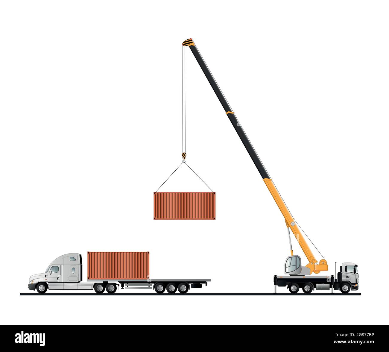 LKW-Kran. Der Prozess des Entladens eines Containerschiffs. Stock Vektor