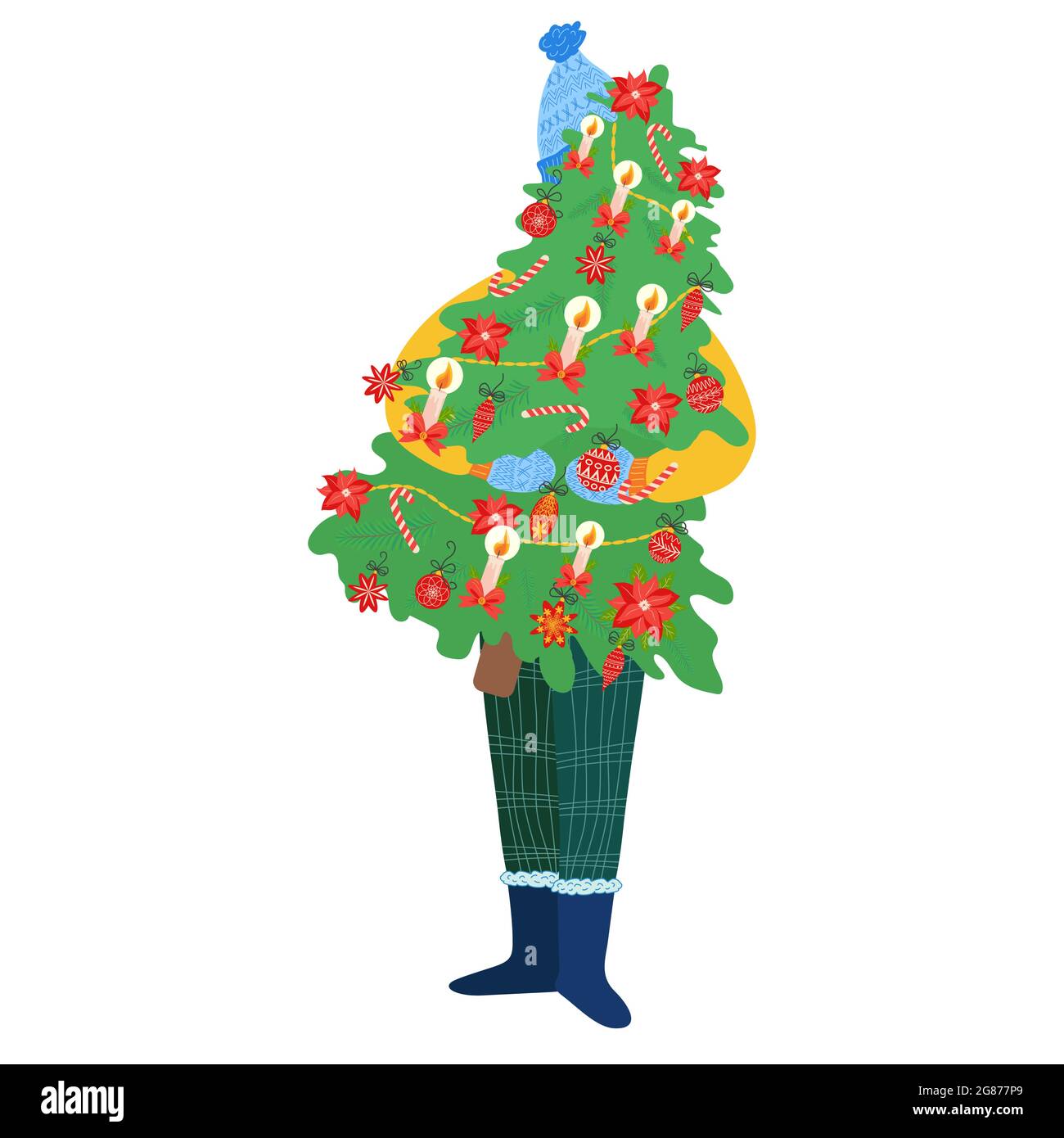 Glücklicher Mann, der den Weihnachtsbaum trägt. Konzept für die Urlaubsvorbereitung. Stock Vektor