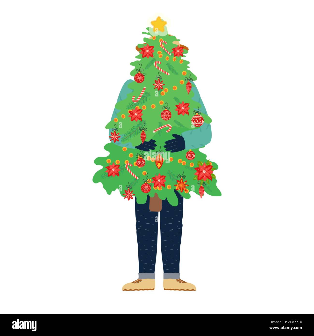 Glücklicher Mann, der den Weihnachtsbaum trägt. Konzept für die Urlaubsvorbereitung. Stock Vektor