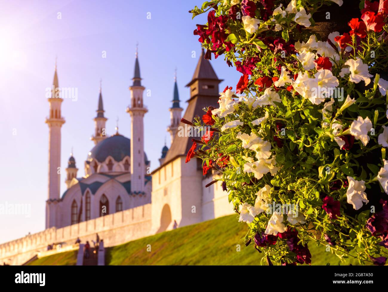 Kasan Kreml im Sommer, Tatarstan, Russland. Es ist die Top-Touristenattraktion von Kazan. Schöne malerische Aussicht auf weiße Festung und Moschee, Fokus auf Blume Stockfoto